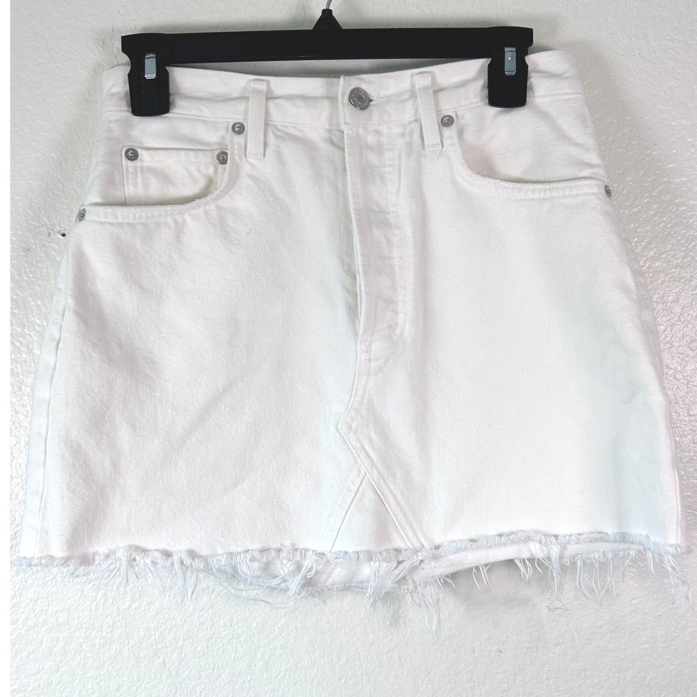 AGOLDE Quinn Boho Festival High Rise Denim Mini Skirt White Frayed Hem SZ 27